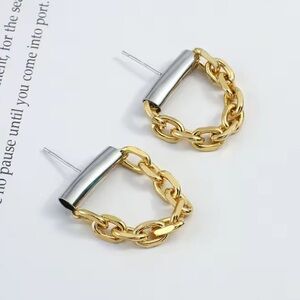 Gold Chain Link Stainless Steel Hoop Earrings with Silver Accent